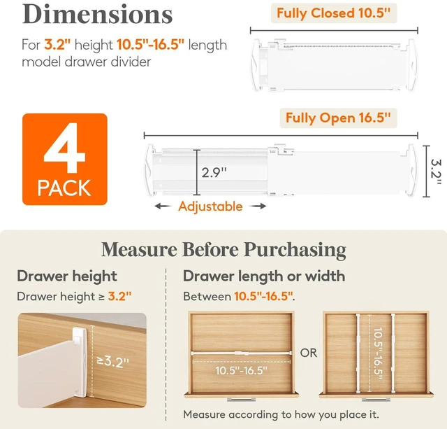 Alt view image 2 of 7 - 3.2" High Drawer Dividers for Clothes, Adjustable Drawer Organizers | 4 Pack 10.5"-16.5" Expandable Plastic Separator for Dresser, Nursery, Bedroom, Closet, Clothing, Socks & Underwear Storage