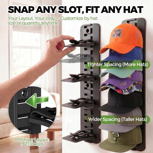 Alt view image 2 of 6 - Hat Organizer for Baseball Caps, Space-Saving Cap Storage Holder, Adjustable Hat Rack for Closet, Wall & Door, Baseball Hat Display & Storage Rack