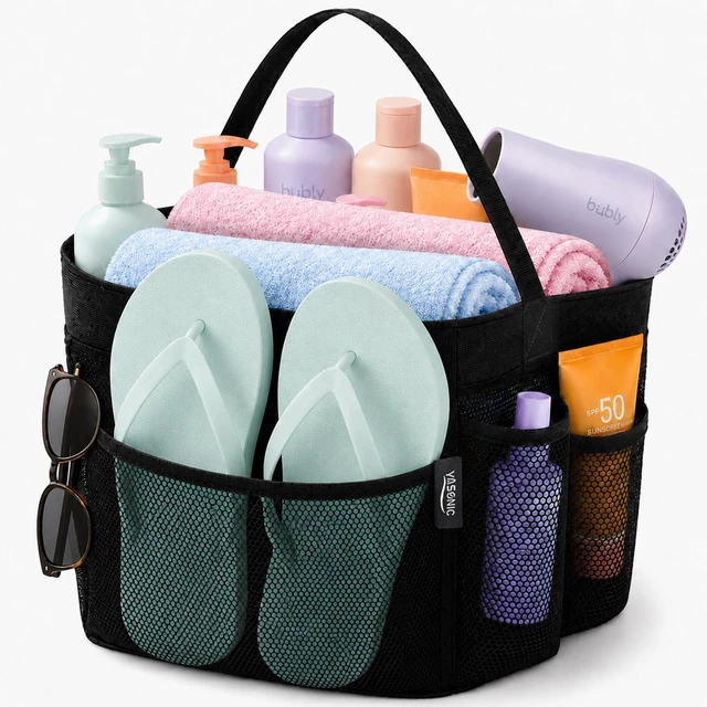 Main image of Mesh Shower Caddy Bag, Portable 8-Pocket Hanging Shower Organizer with Single Handle, Large Shower Basket for Dorm, College, Bathroom, Beach & Swimming, Black