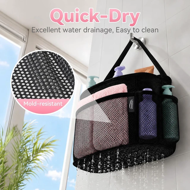Alt view image 2 of 6 - Mesh Shower Caddy Bag, Portable 8-Pocket Hanging Shower Organizer with Single Handle, Large Shower Basket for Dorm, College, Bathroom, Beach & Swimming, Black