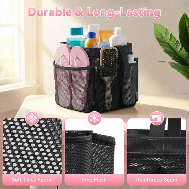 Alt view image 3 of 6 - Mesh Shower Caddy Bag, Portable 8-Pocket Hanging Shower Organizer with Single Handle, Large Shower Basket for Dorm, College, Bathroom, Beach & Swimming, Black