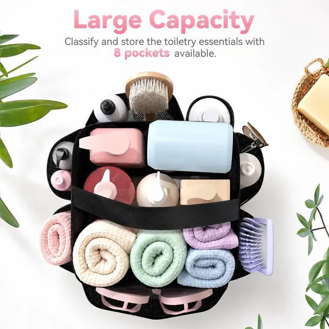 Alt view image 5 of 6 - Mesh Shower Caddy Bag, Portable 8-Pocket Hanging Shower Organizer with Single Handle, Large Shower Basket for Dorm, College, Bathroom, Beach & Swimming, Black