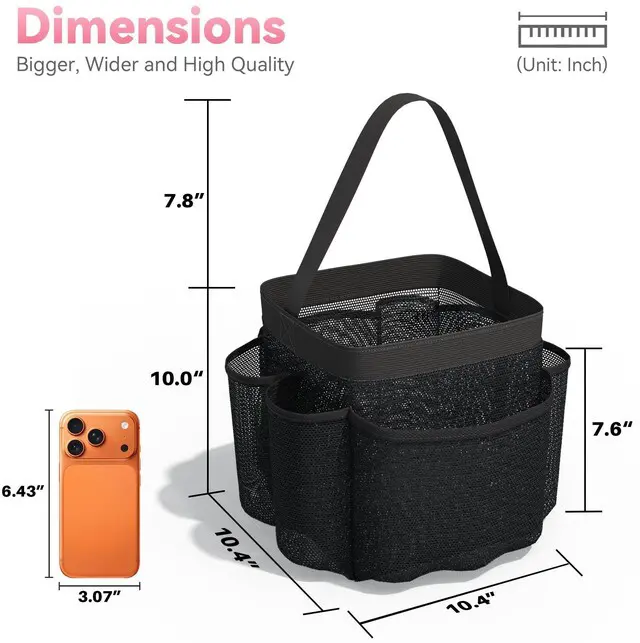 Alt view image 6 of 6 - Mesh Shower Caddy Bag, Portable 8-Pocket Hanging Shower Organizer with Single Handle, Large Shower Basket for Dorm, College, Bathroom, Beach & Swimming, Black