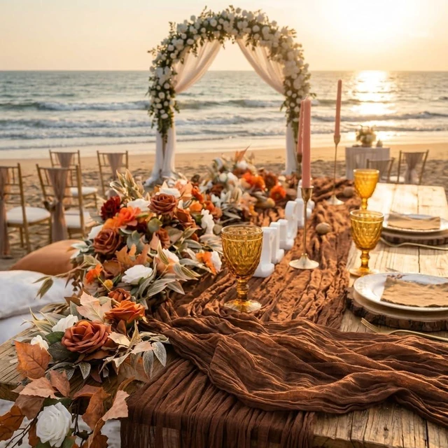 Alt view image 2 of 7 - 8 Pack Brown Cheesecloth Table Runners, 17" x 108" Boho Gauze Table Runner for Wedding, Party, Baby Shower, Bridal Shower & Home Decor