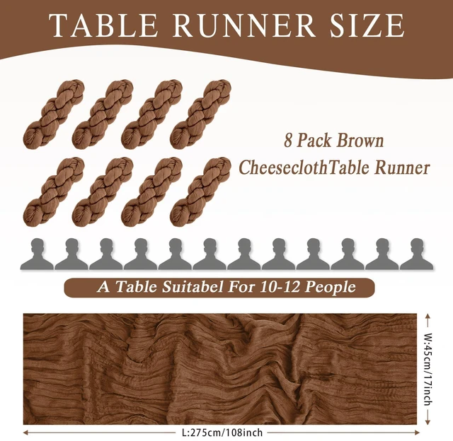 Alt view image 3 of 7 - 8 Pack Brown Cheesecloth Table Runners, 17" x 108" Boho Gauze Table Runner for Wedding, Party, Baby Shower, Bridal Shower & Home Decor