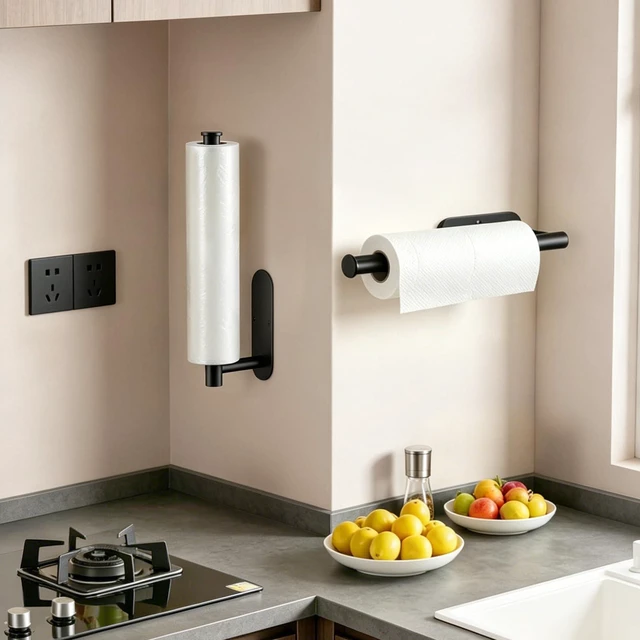 Alt view image 7 of 7 - 2 Pack Paper Towel Holder, Self-Adhesive & Wall-Mount Under Cabinet Rack, SUS304 Stainless Steel, Fits Standard Rolls, One-Handed Tear, Kitchen, Bathroom & RV