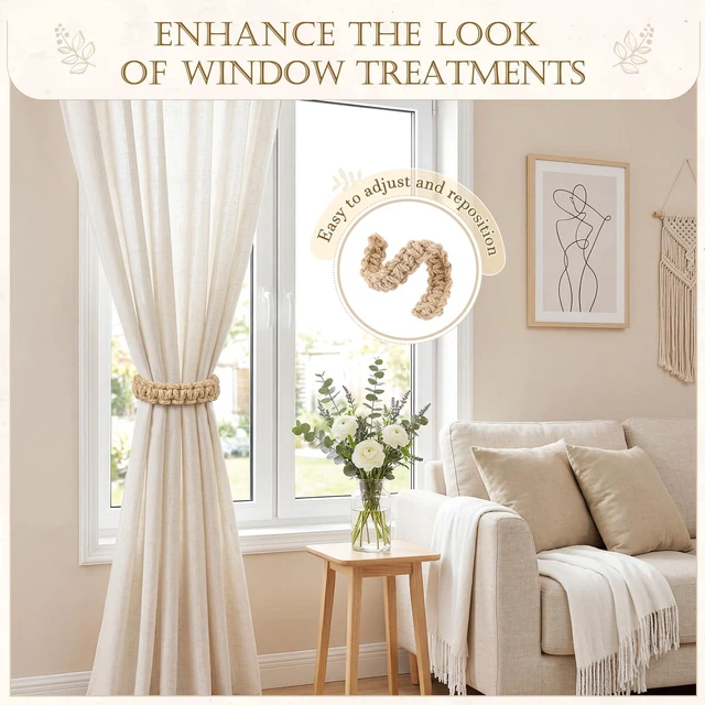 Alt view image 2 of 7 - 4 Pack Boho Curtain Tiebacks, Braided Brown Curtain Holdbacks, Bendable & Adjustable Curtain Clips, Rustic Natural Design for Living Room, Bedroom, Kitchen, Patio, Balcony & Gazebo