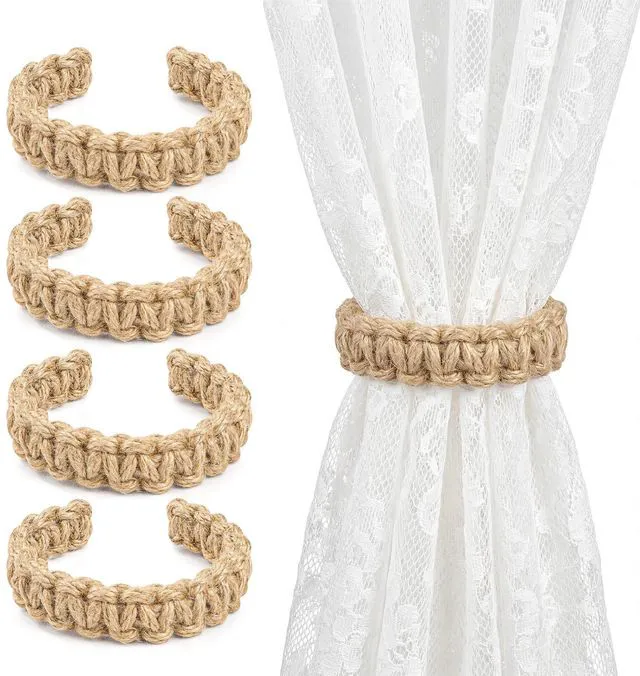 Main image of 4 Pack Boho Curtain Tiebacks, Braided Brown Curtain Holdbacks, Bendable & Adjustable Curtain Clips, Rustic Natural Design for Living Room, Bedroom, Kitchen, Patio, Balcony & Gazebo