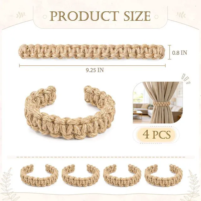 Alt view image 5 of 7 - 4 Pack Boho Curtain Tiebacks, Braided Brown Curtain Holdbacks, Bendable & Adjustable Curtain Clips, Rustic Natural Design for Living Room, Bedroom, Kitchen, Patio, Balcony & Gazebo
