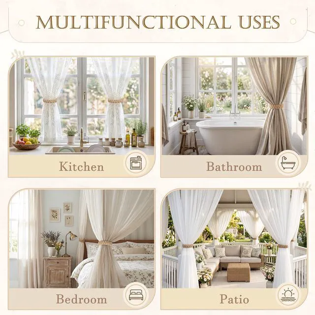Alt view image 6 of 7 - 4 Pack Boho Curtain Tiebacks, Braided Brown Curtain Holdbacks, Bendable & Adjustable Curtain Clips, Rustic Natural Design for Living Room, Bedroom, Kitchen, Patio, Balcony & Gazebo