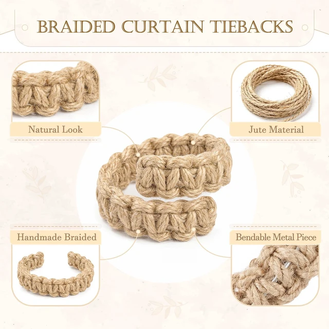 Alt view image 4 of 7 - 4 Pack Boho Curtain Tiebacks, Braided Brown Curtain Holdbacks, Bendable & Adjustable Curtain Clips, Rustic Natural Design for Living Room, Bedroom, Kitchen, Patio, Balcony & Gazebo