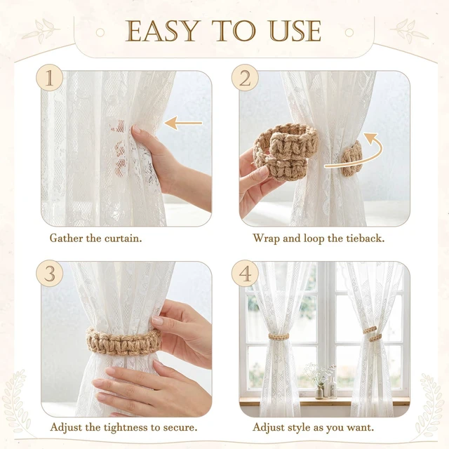 Alt view image 7 of 7 - 4 Pack Boho Curtain Tiebacks, Braided Brown Curtain Holdbacks, Bendable & Adjustable Curtain Clips, Rustic Natural Design for Living Room, Bedroom, Kitchen, Patio, Balcony & Gazebo