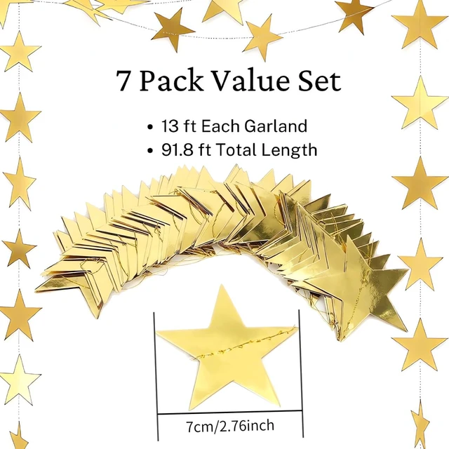 Alt view image 2 of 4 - 7 Pack 91.8 Ft Gold Star Garland Banner, Double-Sided Paper Star Streamers for Graduation, Birthday, Baby Shower, Wedding, Classroom, Party & Ceiling Decorations