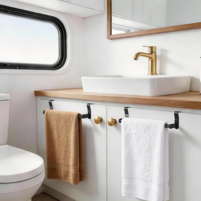 Alt view image 7 of 7 - 2 Pack Over Cabinet Towel Holder, Black Stainless Steel Cabinet Door Towel Bar, No-Drill Hanging Dish Towel Rack for Kitchen Cabinets & RV, Easy Install Towel Rail
