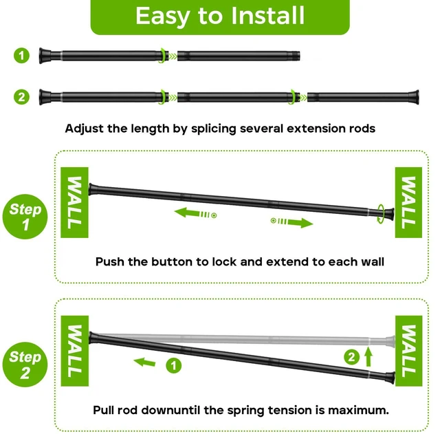 Alt view image 2 of 7 - Black Shower Curtain Rod 32-76", 7/8" Diameter, Adjustable Tension Rod, No-Drill Rust-Resistant Curtain Rod for Bathroom, Window, Doorway & Closet, 1 Pack