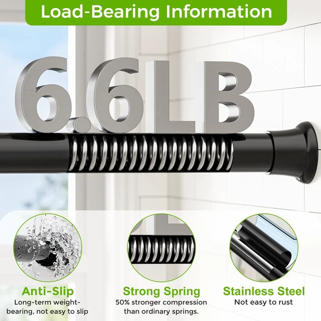 Alt view image 3 of 7 - Black Shower Curtain Rod 32-76", 7/8" Diameter, Adjustable Tension Rod, No-Drill Rust-Resistant Curtain Rod for Bathroom, Window, Doorway & Closet, 1 Pack