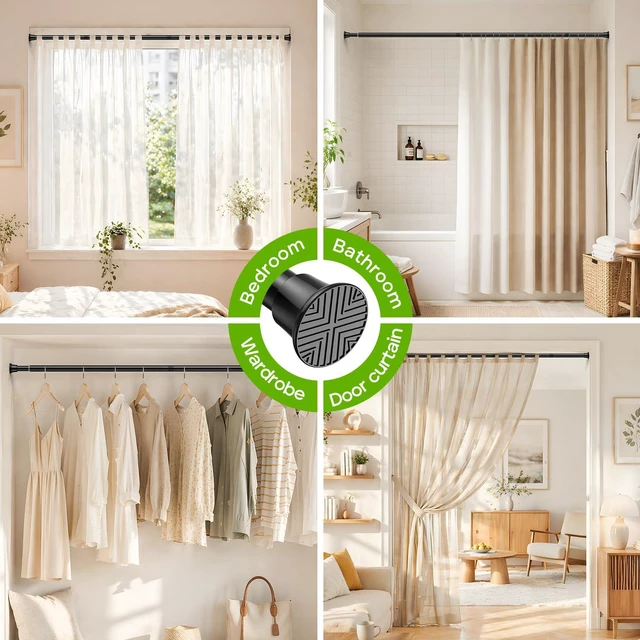 Alt view image 6 of 7 - Black Shower Curtain Rod 32-76", 7/8" Diameter, Adjustable Tension Rod, No-Drill Rust-Resistant Curtain Rod for Bathroom, Window, Doorway & Closet, 1 Pack