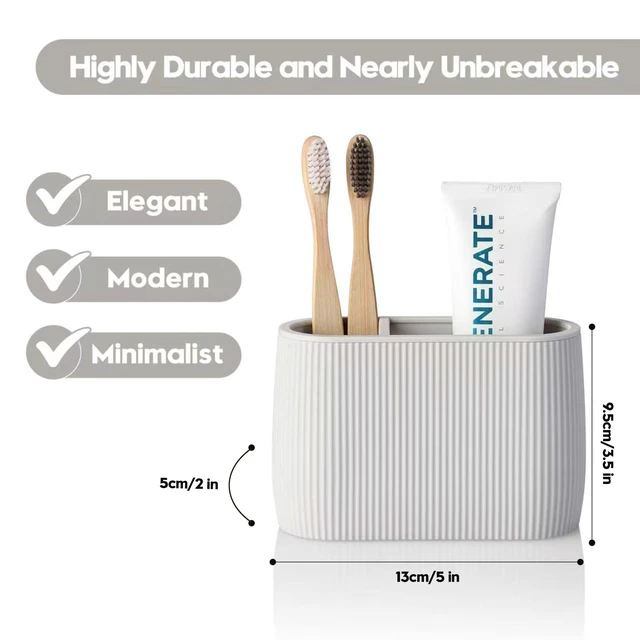 Alt view image 4 of 5 - Toothbrush & Toothpaste Holder, Beige Striped Bathroom Organizer with 2 Slots, Countertop Storage for Manual & Electric Toothbrushes, Compact Toothbrush Stand for Bathroom Vanity