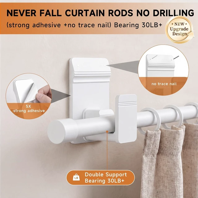 Alt view image 2 of 7 - No-Drill Curtain Rods for Windows 30-45", Dual Support Adhesive Curtain Rod, 5/8" Rod, Renter-Friendly Tension Rod for Apartments, Dorms & Small Windows, White