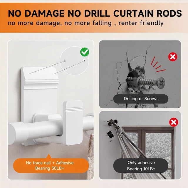 Alt view image 3 of 7 - No-Drill Curtain Rods for Windows 30-45", Dual Support Adhesive Curtain Rod, 5/8" Rod, Renter-Friendly Tension Rod for Apartments, Dorms & Small Windows, White