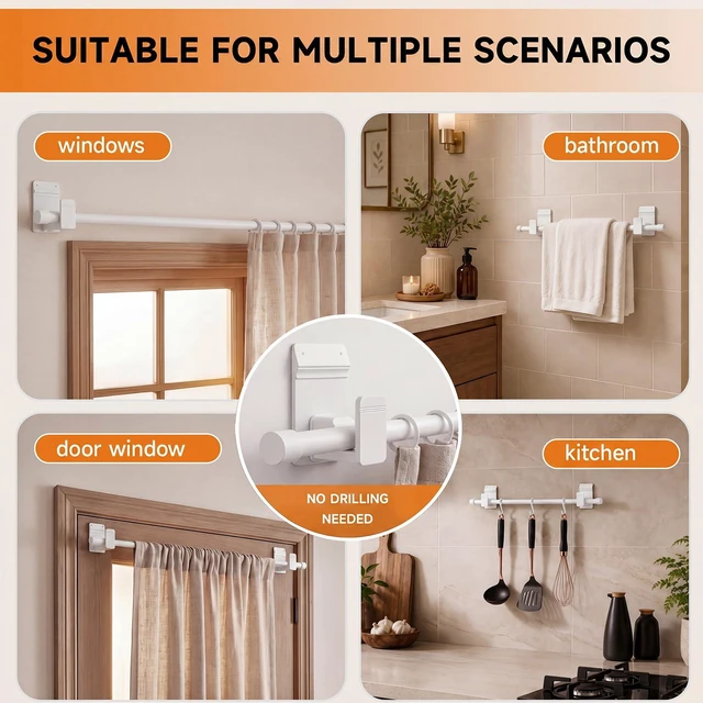 Alt view image 6 of 7 - No-Drill Curtain Rods for Windows 30-45", Dual Support Adhesive Curtain Rod, 5/8" Rod, Renter-Friendly Tension Rod for Apartments, Dorms & Small Windows, White