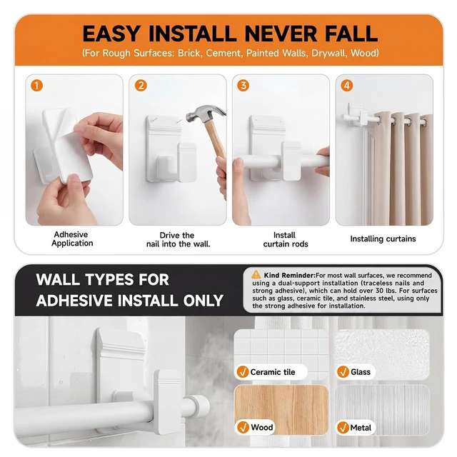 Alt view image 7 of 7 - No-Drill Curtain Rods for Windows 30-45", Dual Support Adhesive Curtain Rod, 5/8" Rod, Renter-Friendly Tension Rod for Apartments, Dorms & Small Windows, White