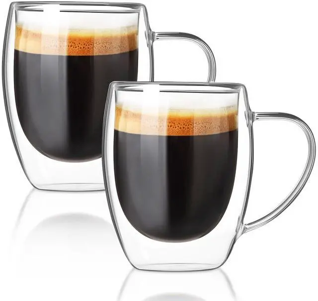 Main image of 2 Pack 12 oz Double-Walled Glass Coffee Mugs, Clear Borosilicate Glass Cups with Handles, Insulated Coffee Cups for Cappuccino, Latte, Espresso & Hot Beverages