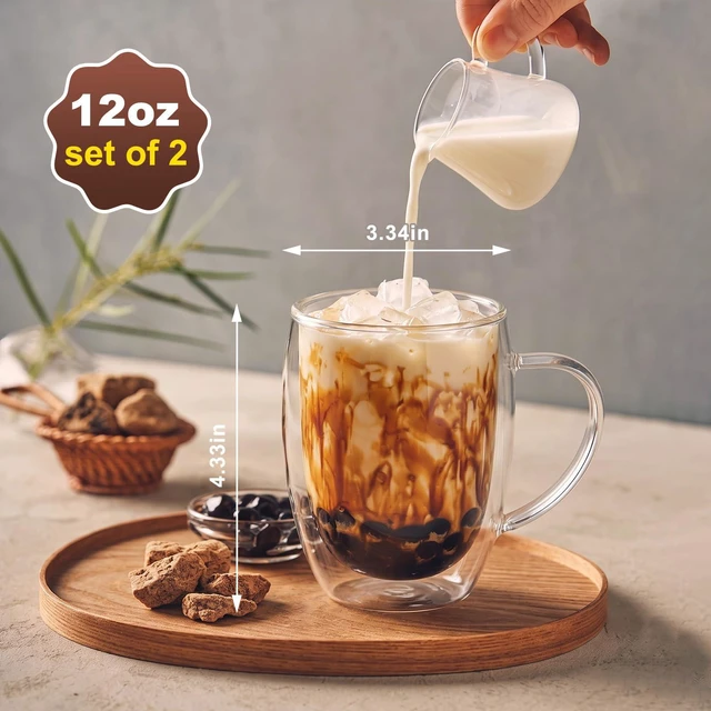 Alt view image 2 of 6 - 2 Pack 12 oz Double-Walled Glass Coffee Mugs, Clear Borosilicate Glass Cups with Handles, Insulated Coffee Cups for Cappuccino, Latte, Espresso & Hot Beverages