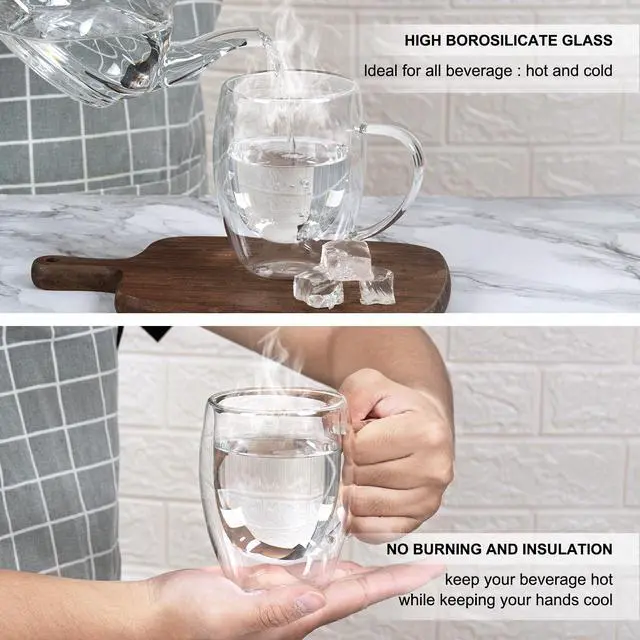 Alt view image 4 of 6 - 2 Pack 12 oz Double-Walled Glass Coffee Mugs, Clear Borosilicate Glass Cups with Handles, Insulated Coffee Cups for Cappuccino, Latte, Espresso & Hot Beverages