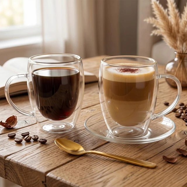 Alt view image 6 of 6 - 2 Pack 12 oz Double-Walled Glass Coffee Mugs, Clear Borosilicate Glass Cups with Handles, Insulated Coffee Cups for Cappuccino, Latte, Espresso & Hot Beverages