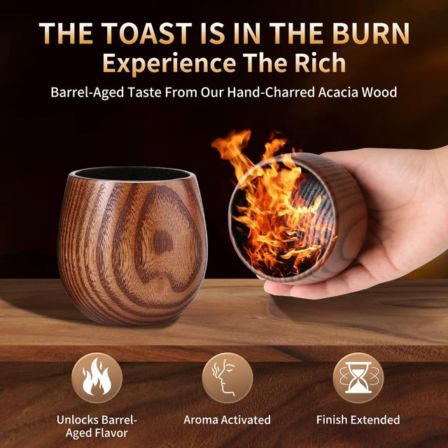 Alt view image 3 of 6 - Wooden Whiskey Glass Set, 8 oz Charred Oak Old Fashioned Glass with Whiskey Stones & Gift Box, Bourbon, Scotch & Cocktail Drinkware, Gift for Whiskey Enthusiasts, Christmas & Birthday