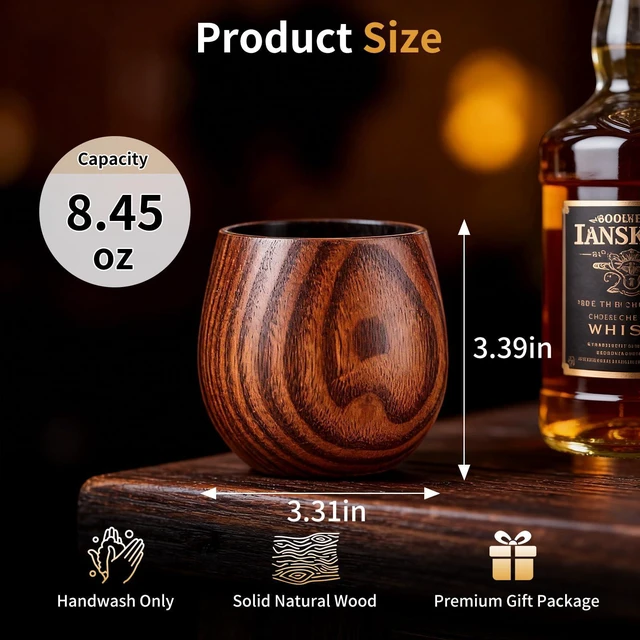 Alt view image 2 of 6 - Wooden Whiskey Glass Set, 8 oz Charred Oak Old Fashioned Glass with Whiskey Stones & Gift Box, Bourbon, Scotch & Cocktail Drinkware, Gift for Whiskey Enthusiasts, Christmas & Birthday