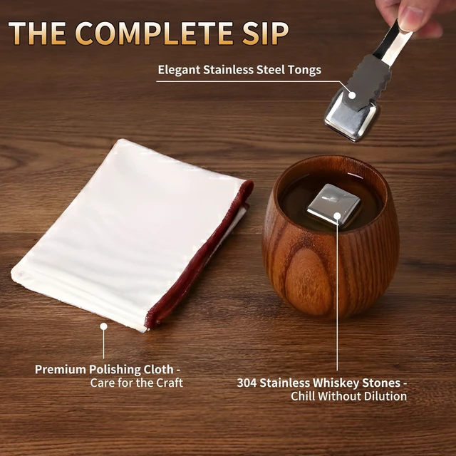 Alt view image 5 of 6 - Wooden Whiskey Glass Set, 8 oz Charred Oak Old Fashioned Glass with Whiskey Stones & Gift Box, Bourbon, Scotch & Cocktail Drinkware, Gift for Whiskey Enthusiasts, Christmas & Birthday