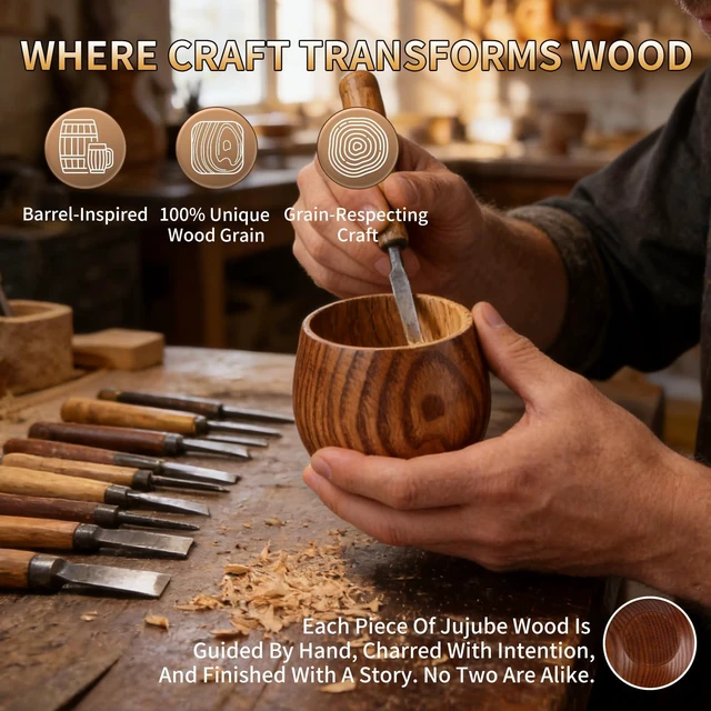 Alt view image 4 of 6 - Wooden Whiskey Glass Set, 8 oz Charred Oak Old Fashioned Glass with Whiskey Stones & Gift Box, Bourbon, Scotch & Cocktail Drinkware, Gift for Whiskey Enthusiasts, Christmas & Birthday