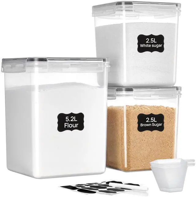 Main image of 3 Pack Flour & Sugar Storage Containers, BPA-Free Airtight Food Storage Set with Labels & Scoops, 5.2L Container for 5 lb Flour, 2.5L for 3 lb Sugar, Dishwasher Safe, White