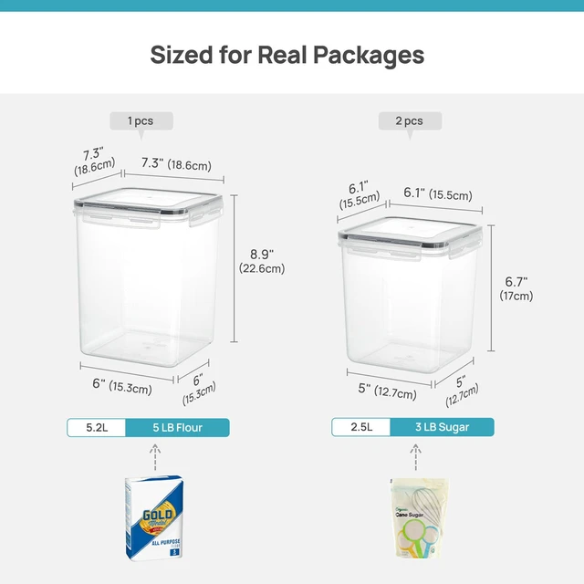 Alt view image 2 of 6 - 3 Pack Flour & Sugar Storage Containers, BPA-Free Airtight Food Storage Set with Labels & Scoops, 5.2L Container for 5 lb Flour, 2.5L for 3 lb Sugar, Dishwasher Safe, White