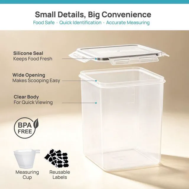 Alt view image 4 of 6 - 3 Pack Flour & Sugar Storage Containers, BPA-Free Airtight Food Storage Set with Labels & Scoops, 5.2L Container for 5 lb Flour, 2.5L for 3 lb Sugar, Dishwasher Safe, White