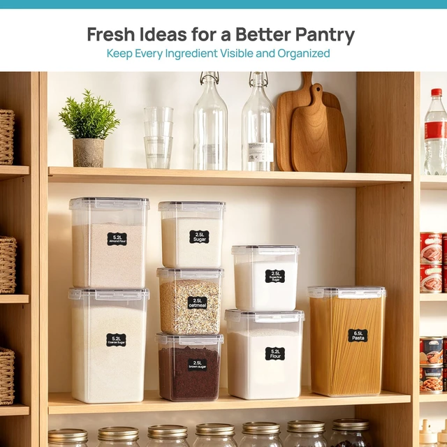 Alt view image 6 of 6 - 3 Pack Flour & Sugar Storage Containers, BPA-Free Airtight Food Storage Set with Labels & Scoops, 5.2L Container for 5 lb Flour, 2.5L for 3 lb Sugar, Dishwasher Safe, White
