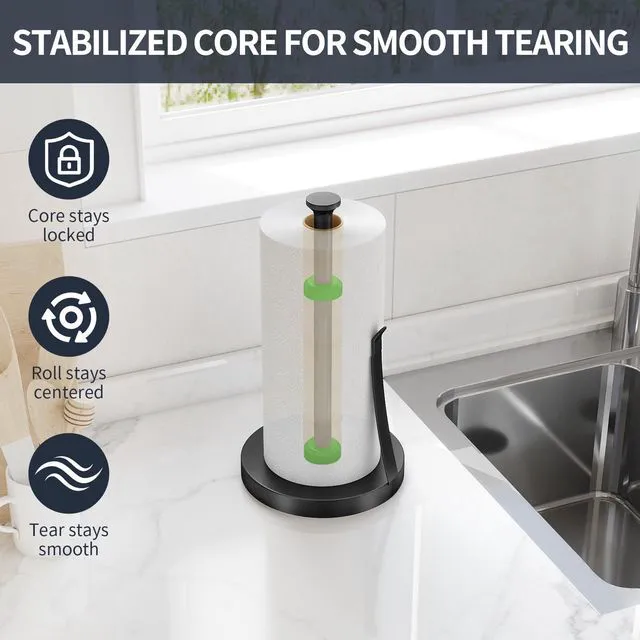 Alt view image 2 of 7 - Countertop Paper Towel Holder, Black Tension Arm Stainless Steel Paper Towel Stand, One-Handed Tear Design for Kitchen, Bathroom, Laundry Room & Workshop