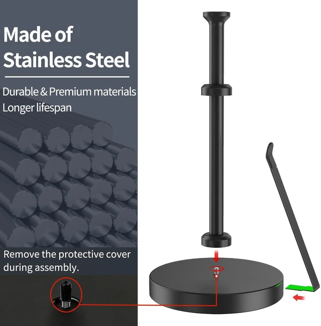 Alt view image 5 of 7 - Countertop Paper Towel Holder, Black Tension Arm Stainless Steel Paper Towel Stand, One-Handed Tear Design for Kitchen, Bathroom, Laundry Room & Workshop