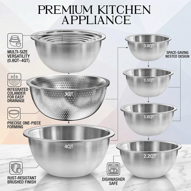 Alt view image 2 of 6 - 6-Piece Stainless Steel Mixing Bowl Set with Colander, 5 Mixing & Prep Bowls with 1 Strainer, Kitchen Bowls for Salad, Cooking, Serving & Food Storage, Home Kitchen Essentials