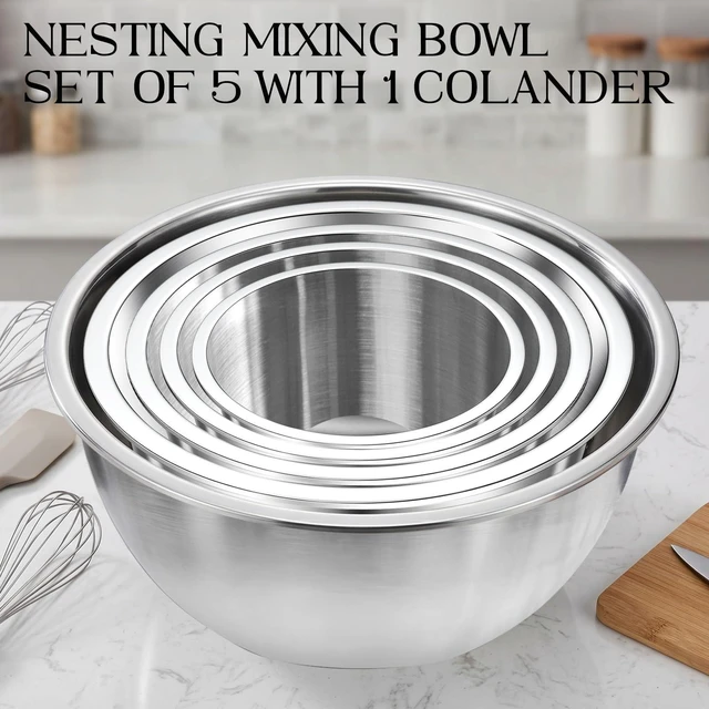 Alt view image 5 of 6 - 6-Piece Stainless Steel Mixing Bowl Set with Colander, 5 Mixing & Prep Bowls with 1 Strainer, Kitchen Bowls for Salad, Cooking, Serving & Food Storage, Home Kitchen Essentials
