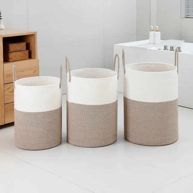Alt view image 6 of 6 - 60L/15.8 Gal Tall Woven Rope Laundry Basket, Large Storage Hamper for Blankets, Toys & Dirty Clothes, White & Brown, Collapsible Clothes Basket for Living Room, Bathroom & Bedroom
