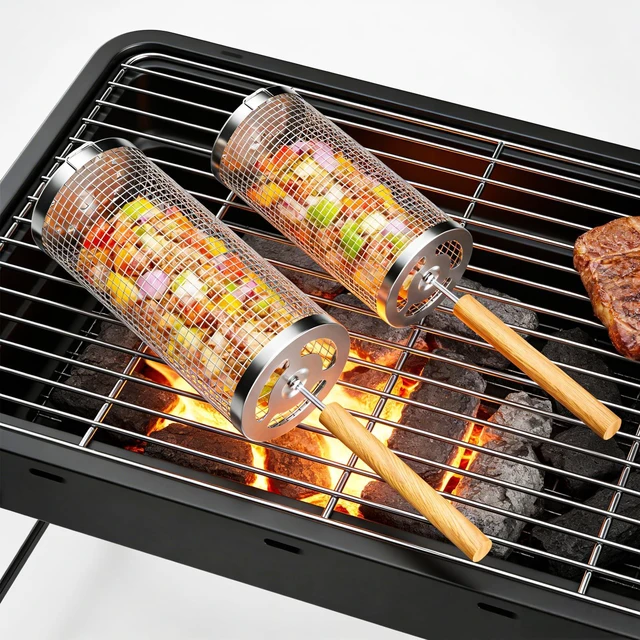 Main image of 2 Pack Rolling Grill Baskets, 304 Stainless Steel BBQ Grilling Baskets with Removable Wooden Handle, Portable Grill Accessories for Vegetables, Shrimp, Meat & Camping Cooking