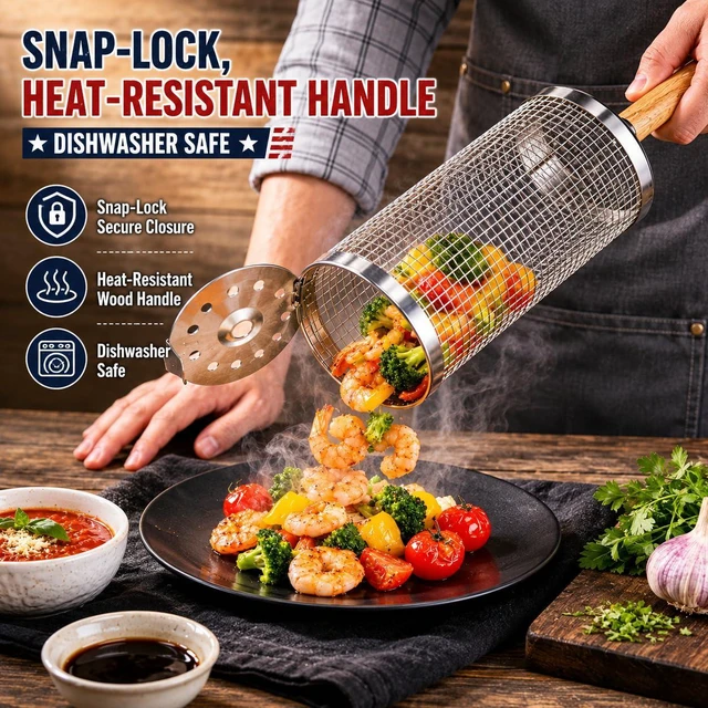 Alt view image 2 of 4 - 2 Pack Rolling Grill Baskets, 304 Stainless Steel BBQ Grilling Baskets with Removable Wooden Handle, Portable Grill Accessories for Vegetables, Shrimp, Meat & Camping Cooking