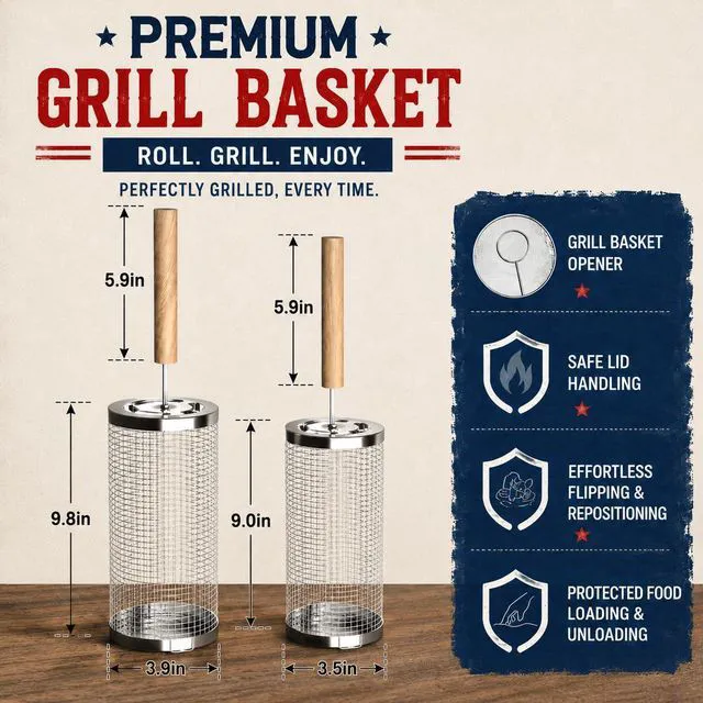 Alt view image 3 of 4 - 2 Pack Rolling Grill Baskets, 304 Stainless Steel BBQ Grilling Baskets with Removable Wooden Handle, Portable Grill Accessories for Vegetables, Shrimp, Meat & Camping Cooking