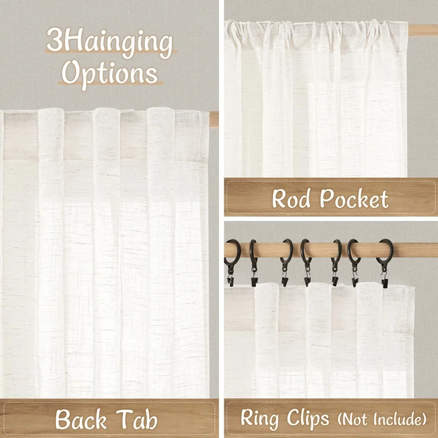 Alt view image 3 of 7 - 2 Pack 34" x 48" Semi-Sheer Linen Curtains, Short Light-Filtering Kitchen Curtains, Neutral Farmhouse Window Drapes with Back Tab & Rod Pocket for Bedroom, Cafe & Small Windows