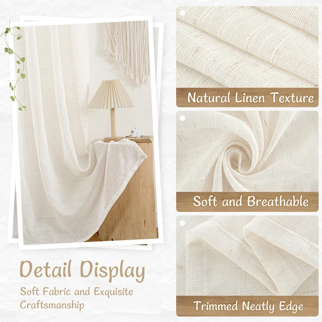 Alt view image 5 of 7 - 2 Pack 34" x 48" Semi-Sheer Linen Curtains, Short Light-Filtering Kitchen Curtains, Neutral Farmhouse Window Drapes with Back Tab & Rod Pocket for Bedroom, Cafe & Small Windows