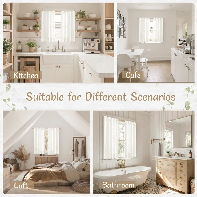 Alt view image 6 of 7 - 2 Pack 34" x 48" Semi-Sheer Linen Curtains, Short Light-Filtering Kitchen Curtains, Neutral Farmhouse Window Drapes with Back Tab & Rod Pocket for Bedroom, Cafe & Small Windows