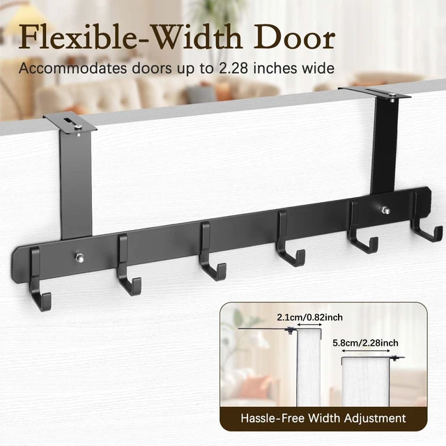 Alt view image 2 of 7 - Adjustable Over-the-Door Hooks, Heavy-Duty Metal Door Hanger with 6 Hooks, No-Drill Coat & Towel Hooks for Bathroom, Bedroom, Closet & Office, Black, 1 Pack